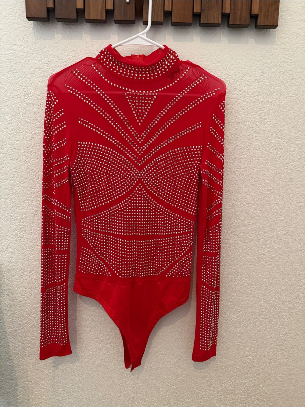 Red Long-Sleeve Embellished Bodysuit with High Neck